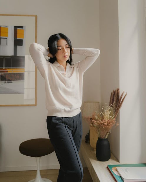 Influencer Stephanie Liu Hjelmeseth wears Garnet Hill, a trendy work clothing brand, on Instagram.