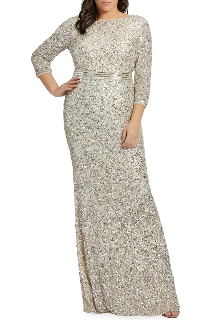 Sequin 3/4-Sleeve Column Gown from Mac Duggal, available to shop on Neiman Marcus.