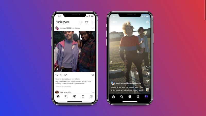 Two phone screens show a Collab post of two people posing, and a Collab Reel of two people dancing.