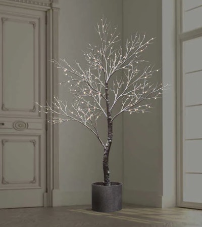 Image of an indoor potted LED tree. Slender branches are LED lit.