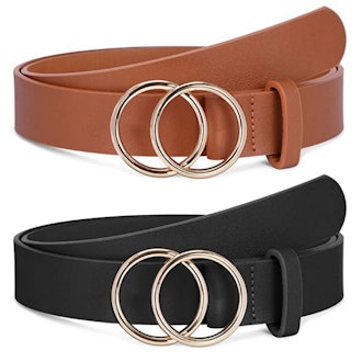 SANSTHS Faux Leather Belt with Double O-Ring Buckle (2-Pack)