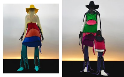 A two-part collage with outfits from Robert Wun, featuring multi-colored tops, flared pants and larg...