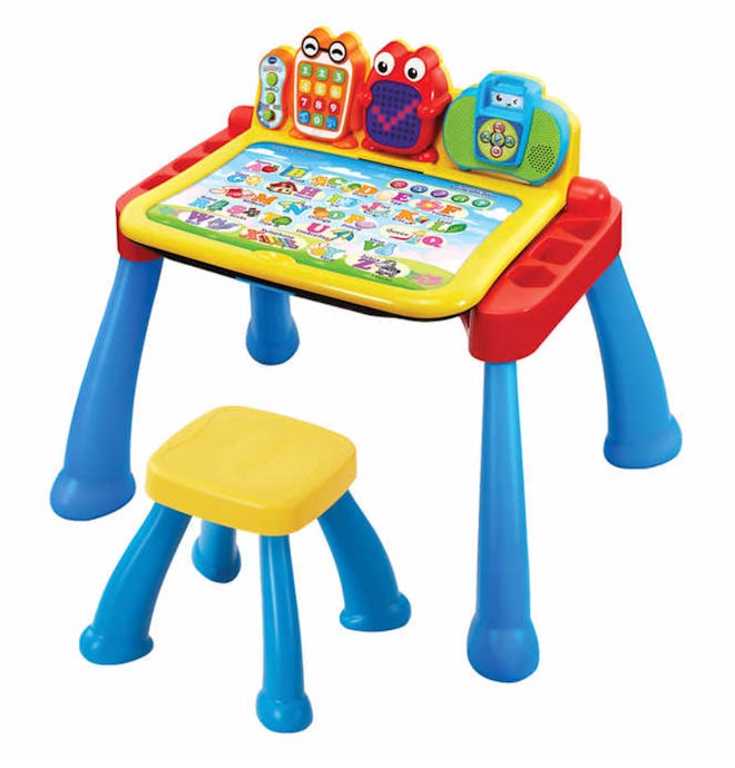 Image of a colorful kids plastic activity desk and stool.