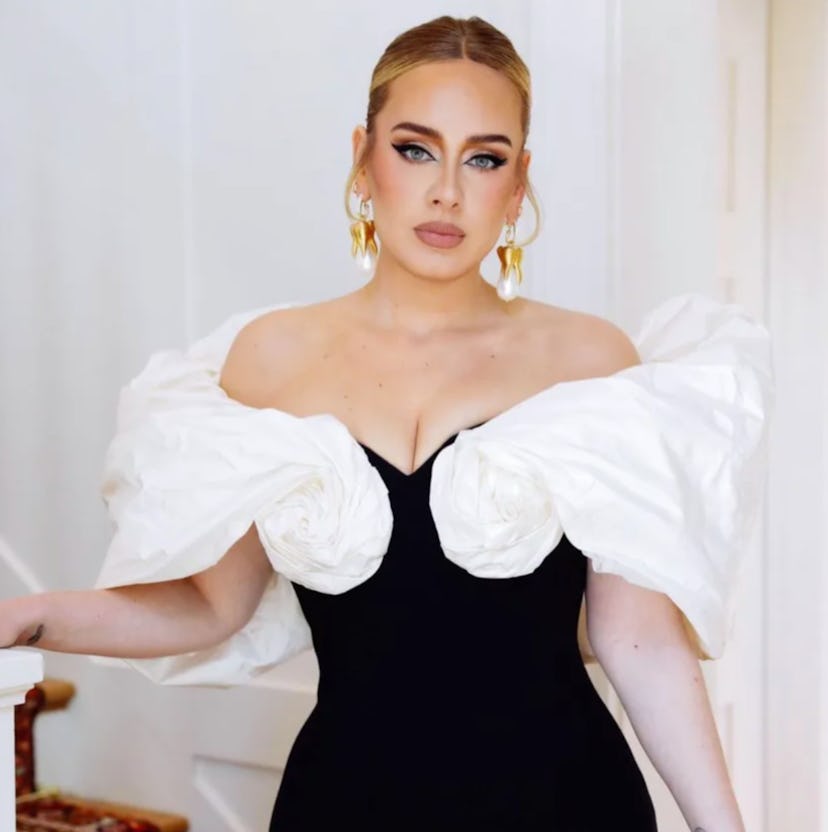 Adele posing in down with hair pulled back and winged liner