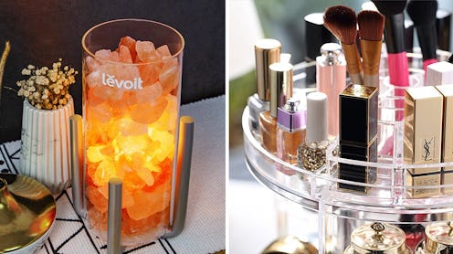 A Himalayan salt lamp and a rotating organizer for all beauty products on Amazon