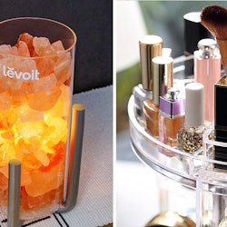 A Himalayan salt lamp and a rotating organizer for all beauty products on Amazon