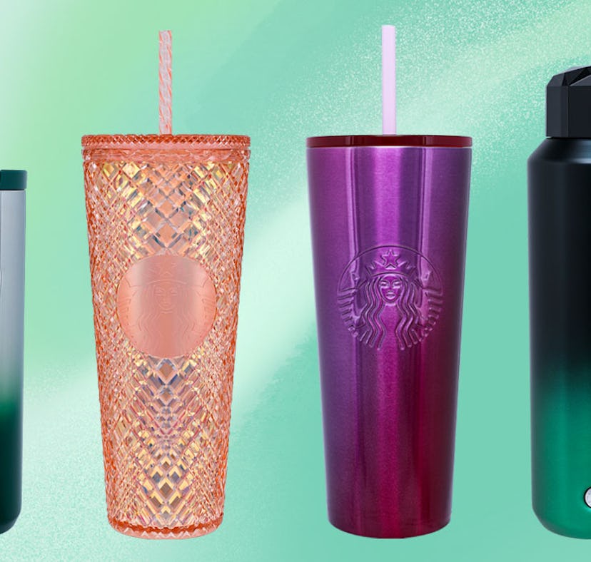 Starbucks' holiday cups and tumblers for 2021 include jeweled tones and bling options.