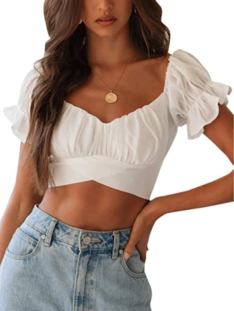 LYANER Ruffle Short Sleeve Crop Top