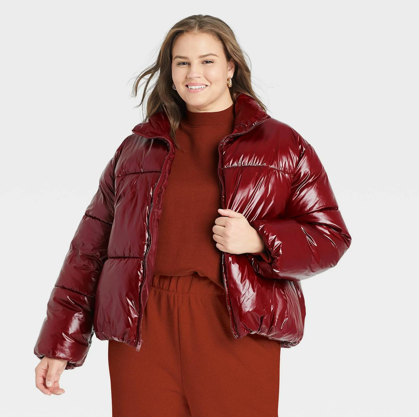 red patent puffer coat