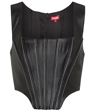 Black Alice vegan leather corset top from STAUD, available to shop on Saks Fifth Avenue.
