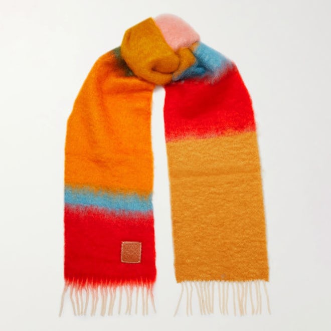 Leather-Trimmed Fringed Striped Mohair-Blend Scarf