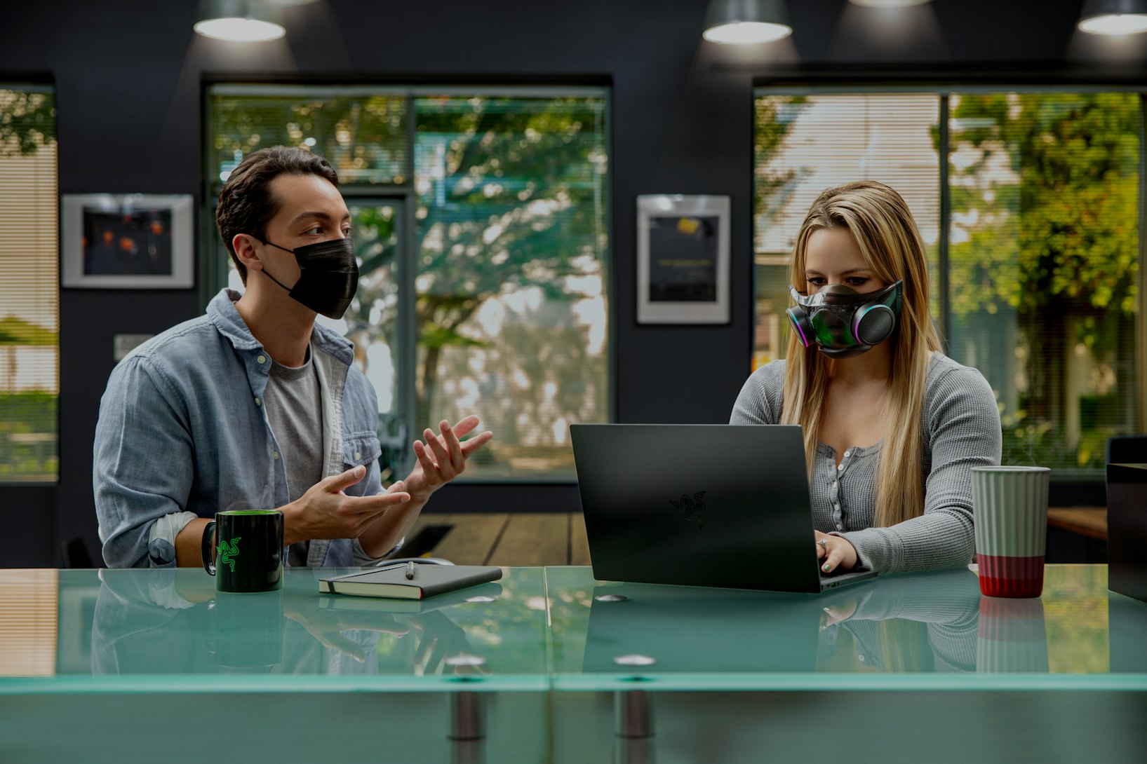Razer Zephyr mask being used in a coffee shop