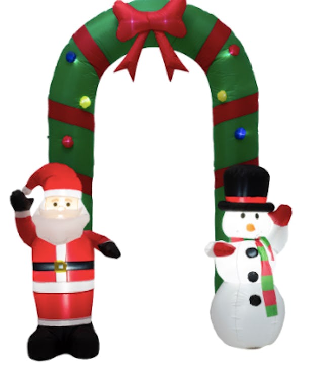 Inflatable snowman and santa blow up decor item.