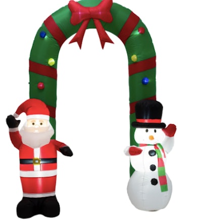 Inflatable snowman and santa blow up decor item.
