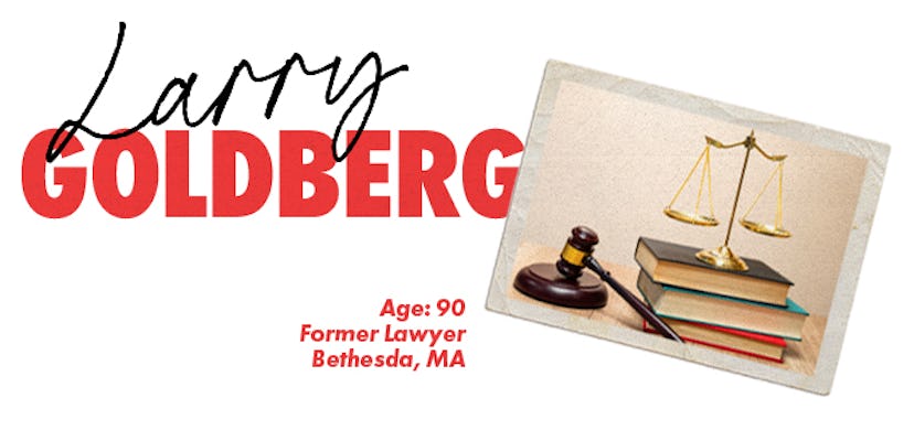 A scale, a judges mallet and a stack of books next to the name larry goldberg