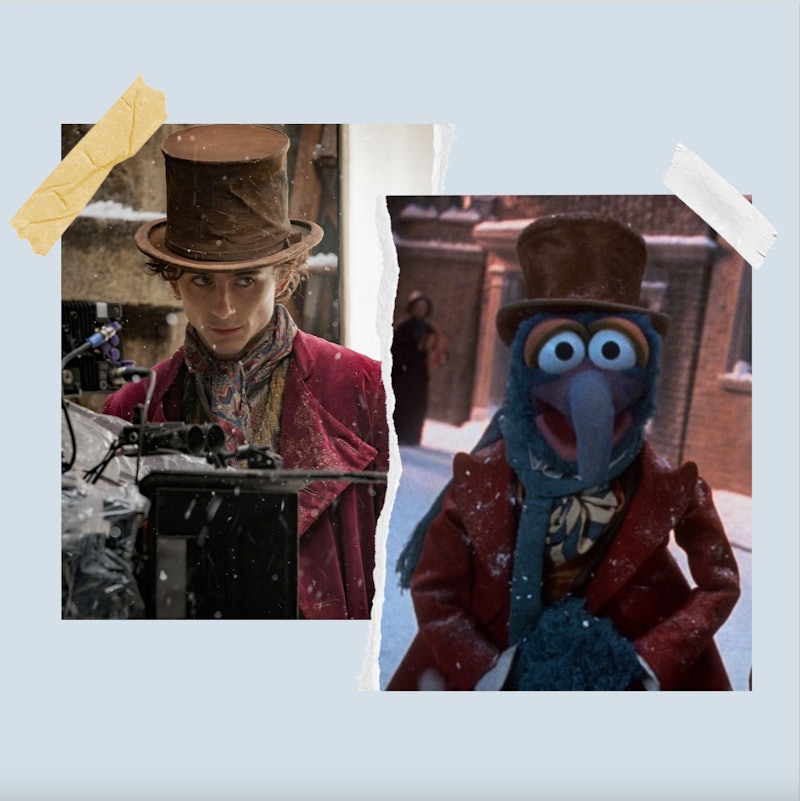 Timothée Chalamet in Wonka and Gonzo from The Muppet Christmas Carol