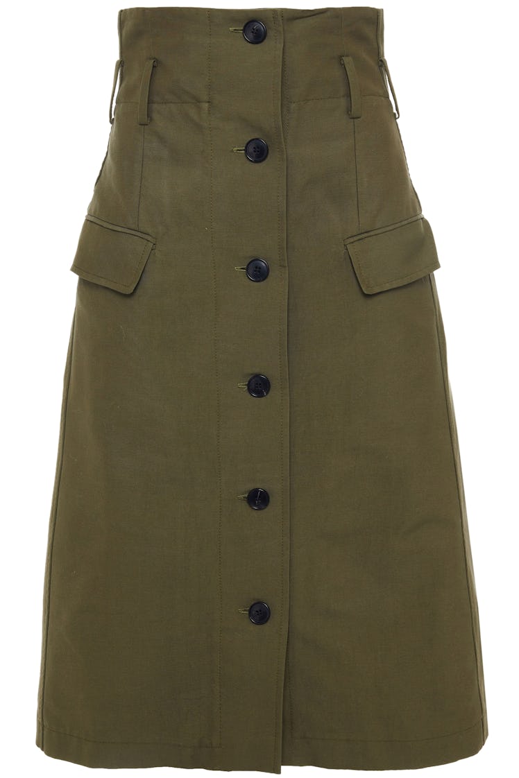 Victoria Beckham's army green colored cotton canvas midi skirt. 