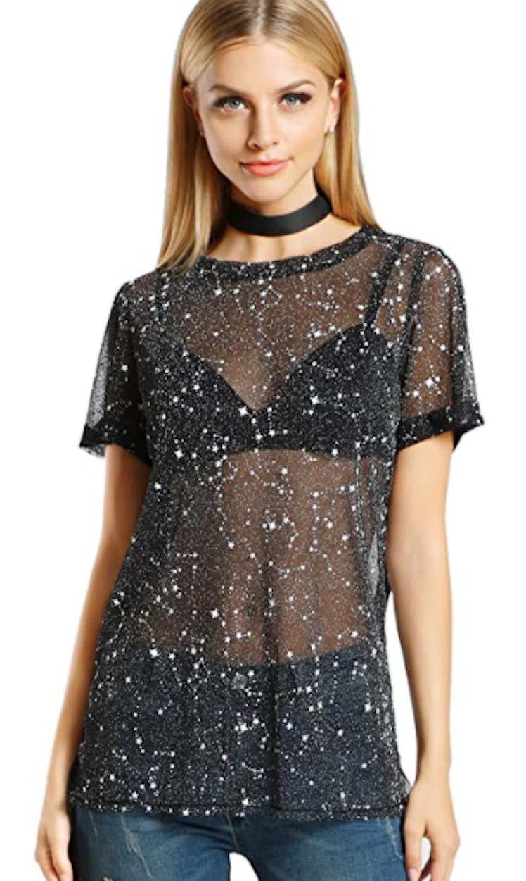 WDIRARA Glitter Sheer Short Sleeve Top