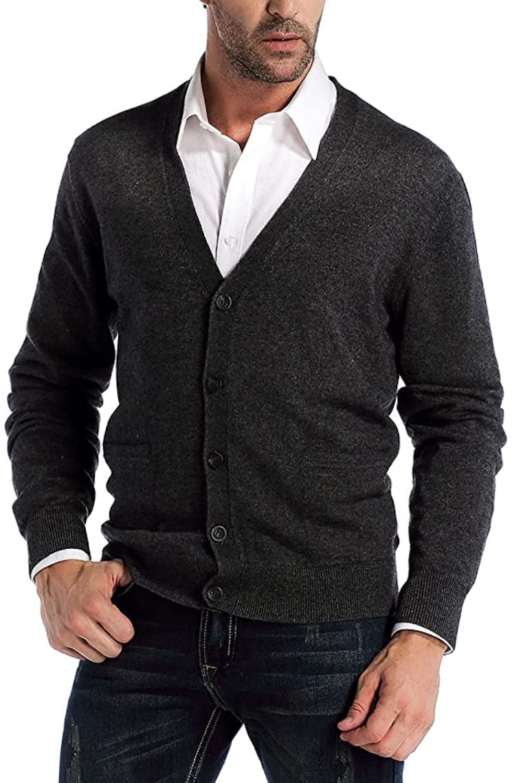 Kallspin Men’s Cashmere Wool Blend V-Neck Cardigan