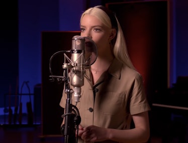 Anya Taylor-Joy in a beige shirt in a studio recording the song Downtown for the movie Last Night in...