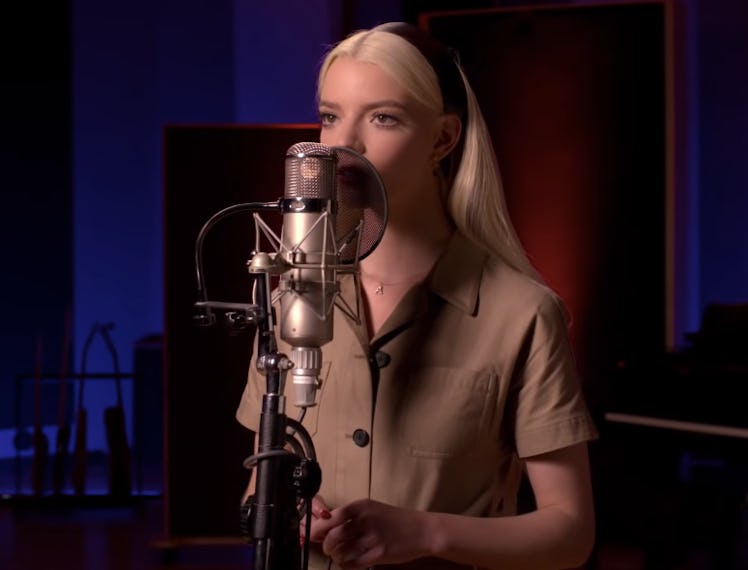 Anya Taylor-Joy in a beige shirt in a studio recording the song Downtown for the movie Last Night in...