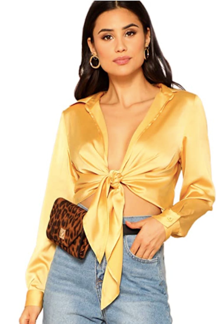 SheIn Self Tie Satin Crop Blouse