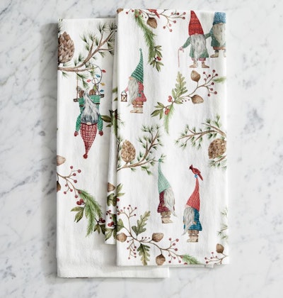 This set of Forest Gnome Linen/Cotton Tea Towels is available from Pottery Barn.