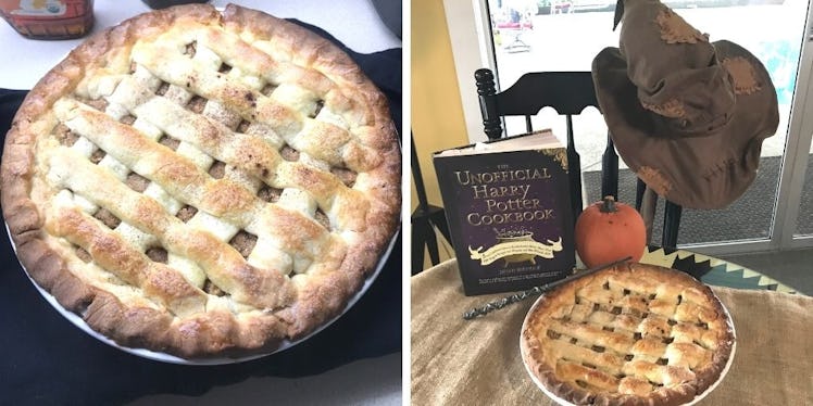 Fresh cooked treacle tart displayed with 'The Unofficial Harry Potter Cookbook,' a pumpkin, and The ...
