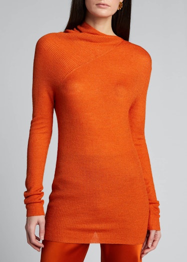  Draped-Neck Fitted Sweater Rosetta Getty