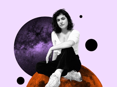 Young woman sitting on a planet for your November 2021 monthly horoscope.