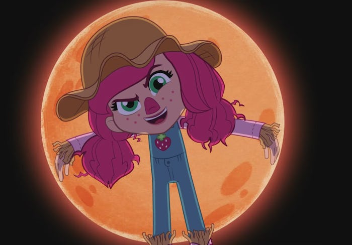 Strawberry Shortcake dresses up as a scarecrow to celebrate Halloween in a special episode of "Berry...