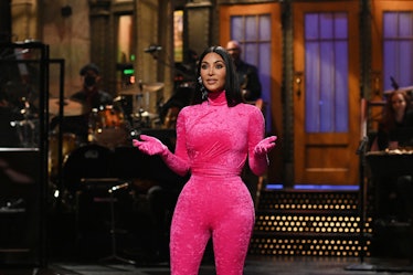 Kim Kardashian West hosting SNL in a pink velvet jumpsuit 