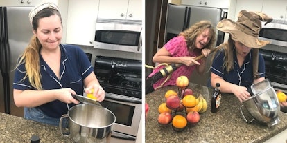 Rachel Varina in blue pajamas zests a lemon for harry potter's treacle tart while wearing a witch ha...