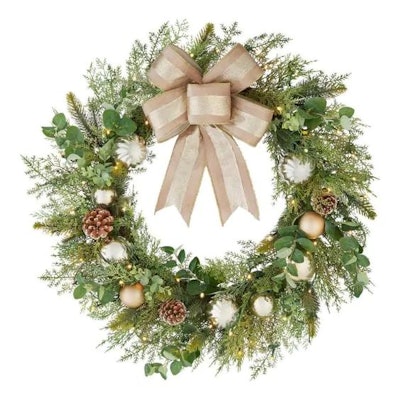 30 in. St. Germain Battery Operated Mixed Pine LED Pre-Lit Natural Artificial Christmas Wreath with ...