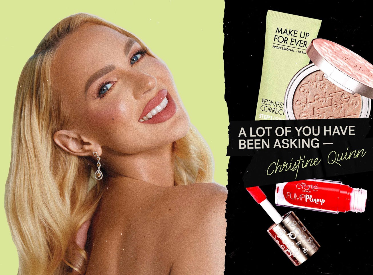 Christine Quinn from Selling Sunset next to Ciaté London make-up products, including red lipstick an...