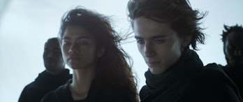 Zendaya as Chani and Timothée Chalamet as Paul in Dune: Part One.