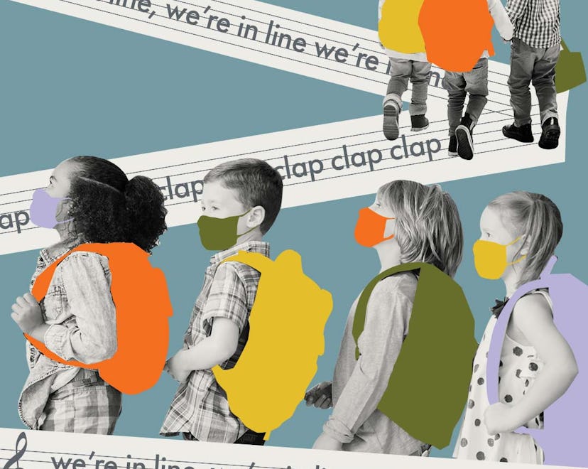 Black and white photos of first-graders in face masks walking on a line, with the "in a line" song l...
