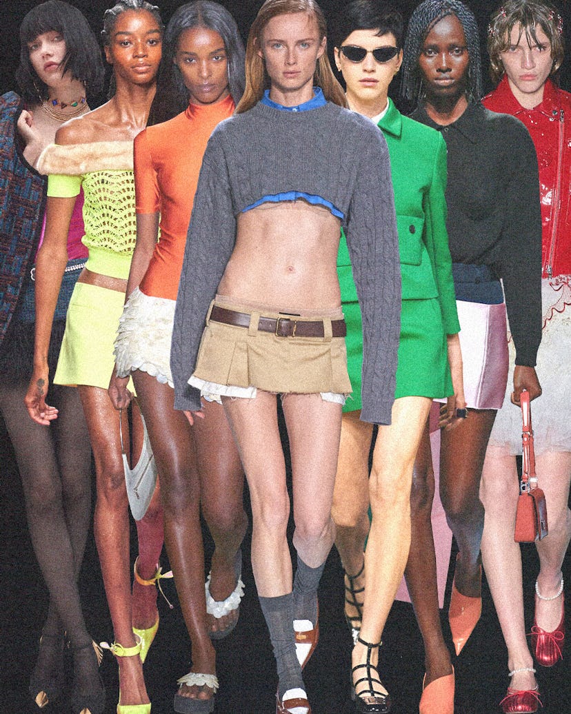From left: Looks from Saint Laurent, Blumarine, Coperni, Miu Miu, Christian Dior, Prada, and Simone ...