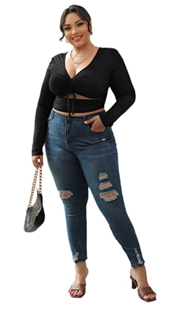 Romwe Plus Size Cutout Ruched Crop Top