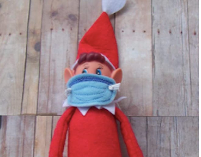 Elfie wearing a felt face mask