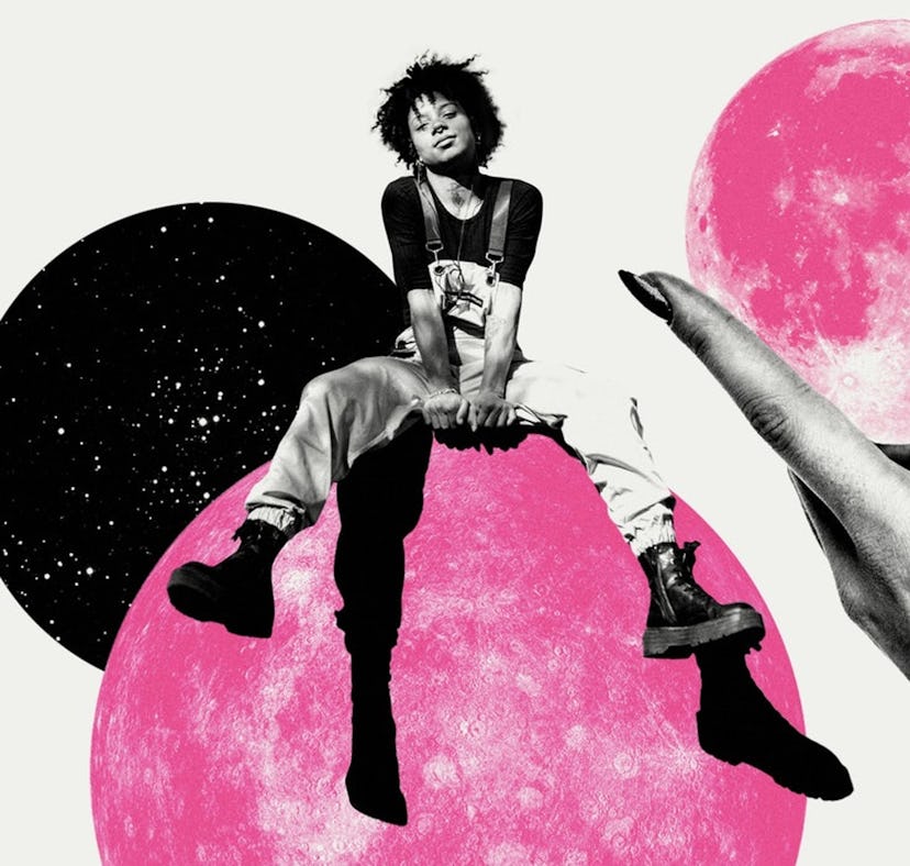 Young woman sitting on a pink planet, wondering what planets are retrograde in November 2021.