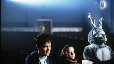 Donnie Darko, Gretchen Ross and someone in a rabbit costume watching a movie in a cinema