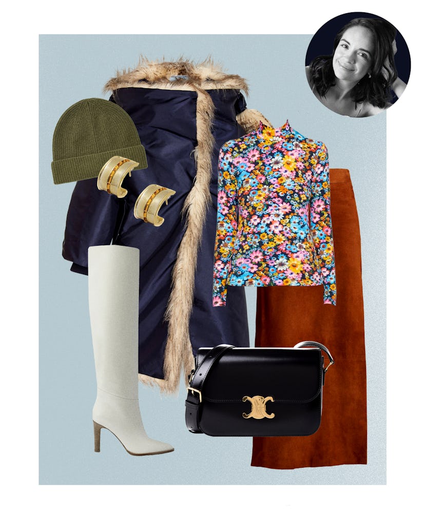 A fur shell coat, floral turtle neck, white long heel boot, green cap, golden earrings, and a black ...
