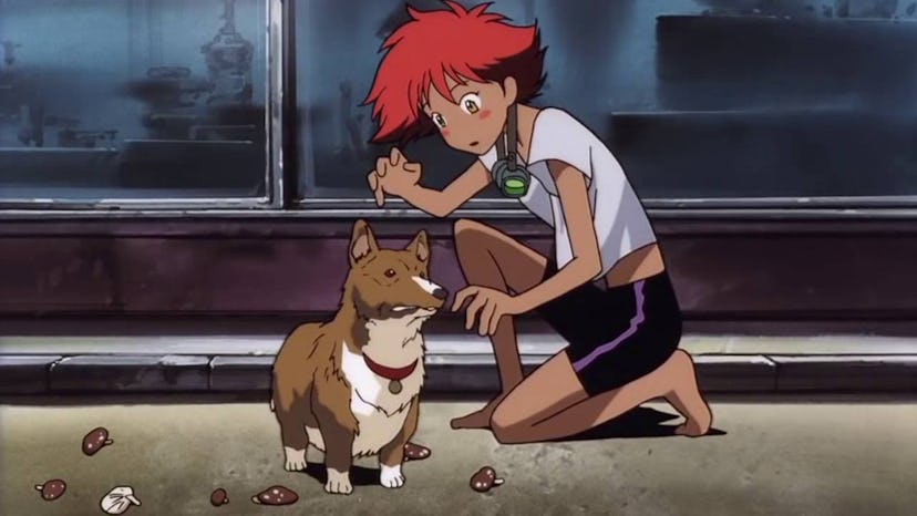 Brown dog eating mushrooms next to the red-haired kid in the scene from the Mushroom Samba episode o...