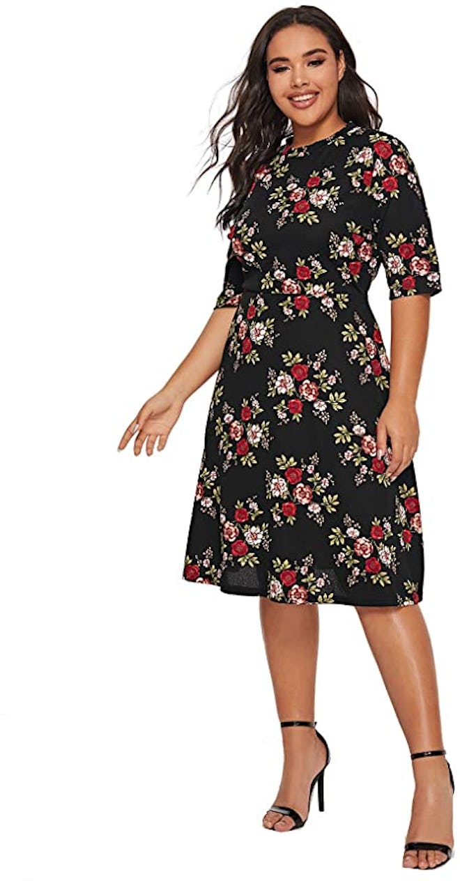Romwe Plus Size Elegant Floral Print Fit and Flare A Line Midi Dress