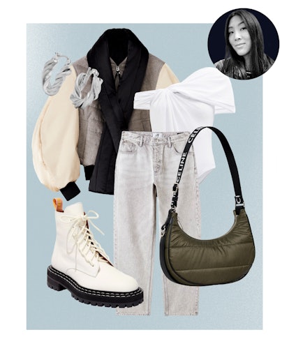 A white bomber jacket, white overall, white jeans, white shoes, and a black purse