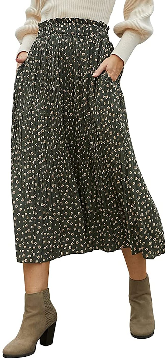 EXLURA Womens High Waist Polka Dot Pleated Skirt Midi Swing Skirt with Pockets
