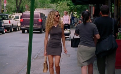 Sarah Jessica Parker in a gray body-con dress on 'Sex and the City.'