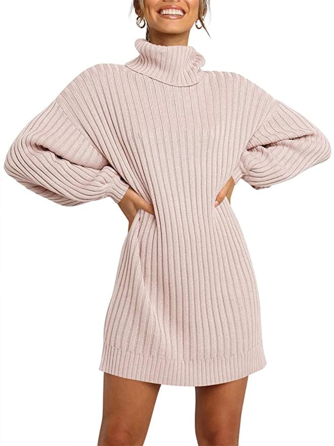 MILLCHIC Turtleneck Long Lantern Sleeve Sweater Dress