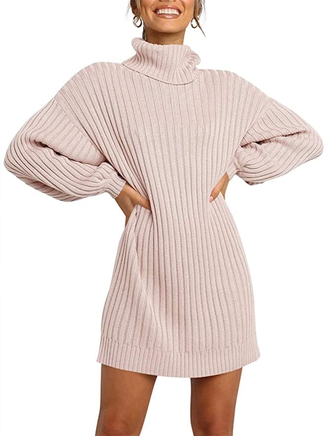 MILLCHIC Turtleneck Long Lantern Sleeve Sweater Dress